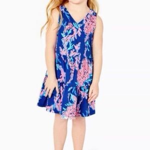 NWT Lilly Pulitzer Girls L 8/10 Lorina Dress Blue Coral Tiered Sundress Ruffle